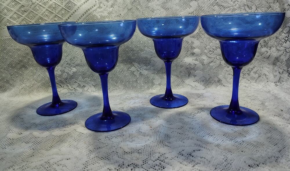 Vintage Set of 4 Cobalt Blue Stemware Margarita Glasses